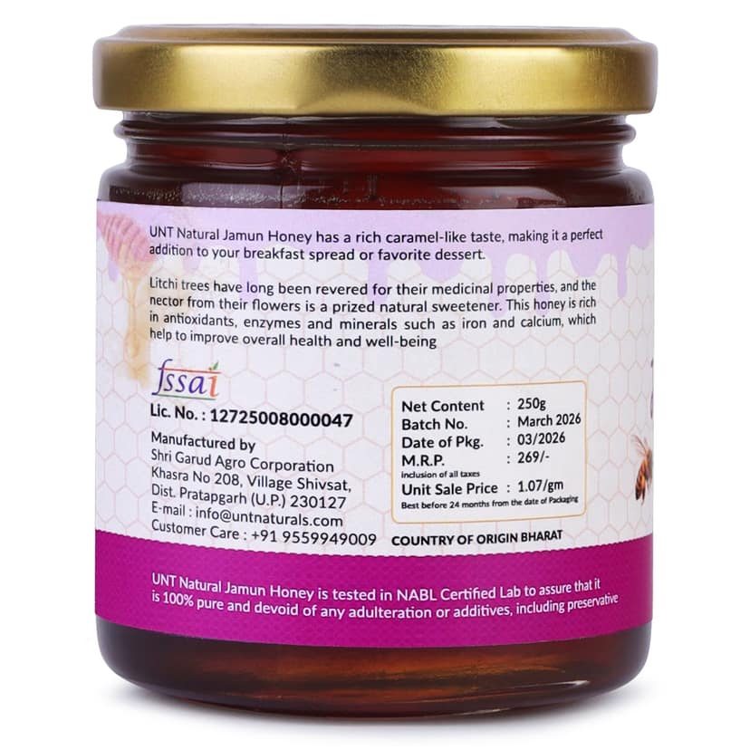 UNT Naturals Raw Jamun Honey 250g- Pure Unfiltered, Unprocessed, Unpasteurized & Unheated Shahad- No Added Sugar- Rich in Nutrients & Antioxidant- Natural Sweetener for Tea, Cooking & Baking view 3