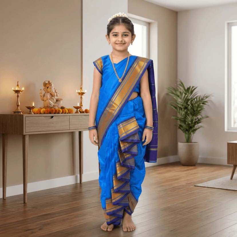luster Shahi Mastani Nauvari saree for kids/girls Ready-to-wear with a stitched blouse, Traditional Maharashtrian Marathi saree, for School program ganpati pujas festival (Sky Blue, 11-12 Years) view 3