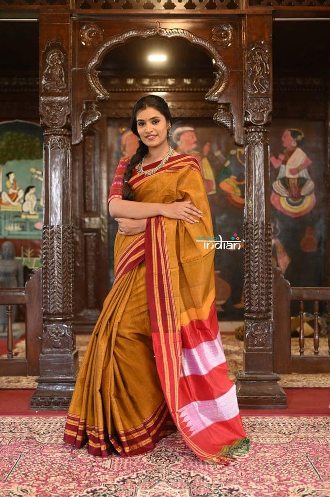 Handloom Cotton Viscose Ilkal Saree With Pure Resham Pallu - Bright Beige Yellow With Red Border view 2