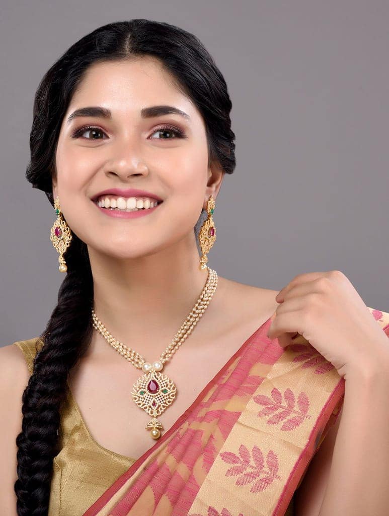 Gold Plated AD and Pearl Studded Traditional Pendant White Pearl Mala and Earrings view 2