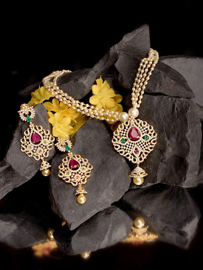 Gold Plated AD and Pearl Studded Traditional Pendant White Pearl Mala and Earrings view 3