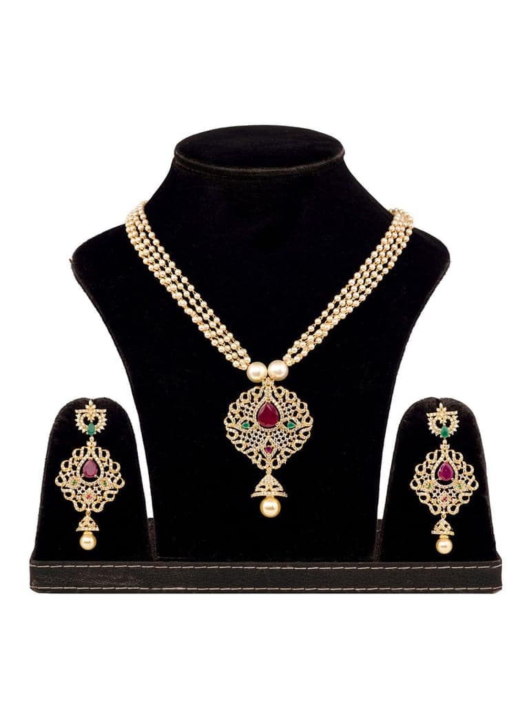 Gold Plated AD and Pearl Studded Traditional Pendant White Pearl Mala and Earrings view 7