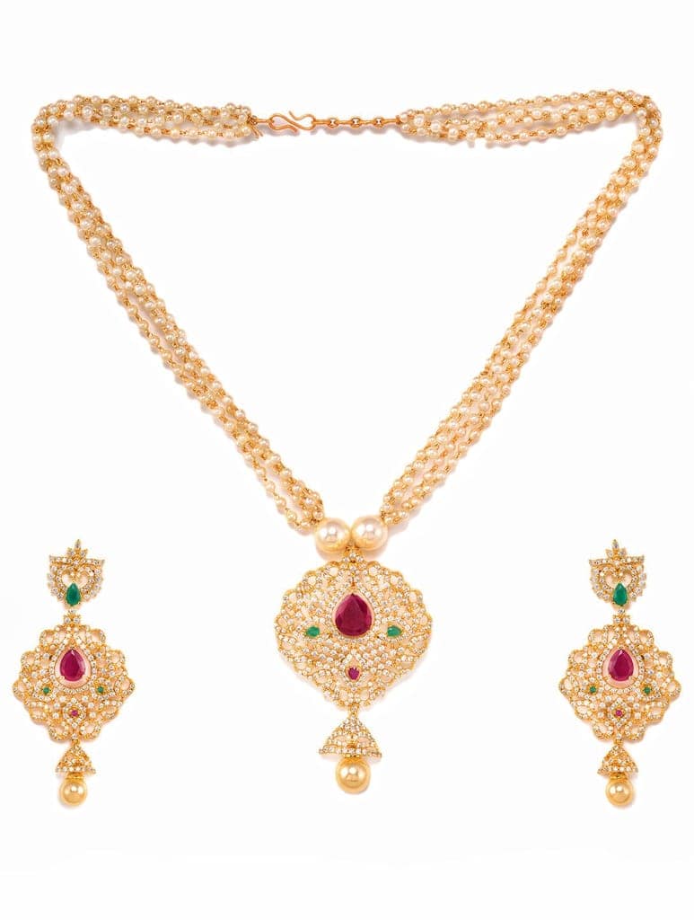 Gold Plated AD and Pearl Studded Traditional Pendant White Pearl Mala and Earrings view 8