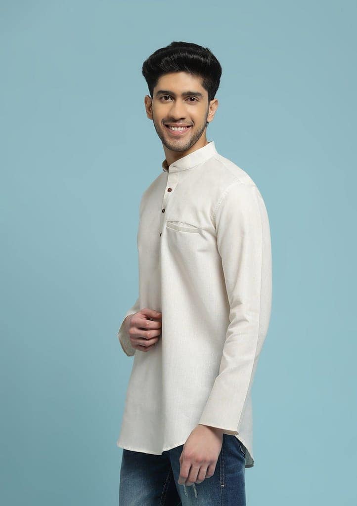 Poly Cotton Solid Men's Short Kurta - Cream view 4