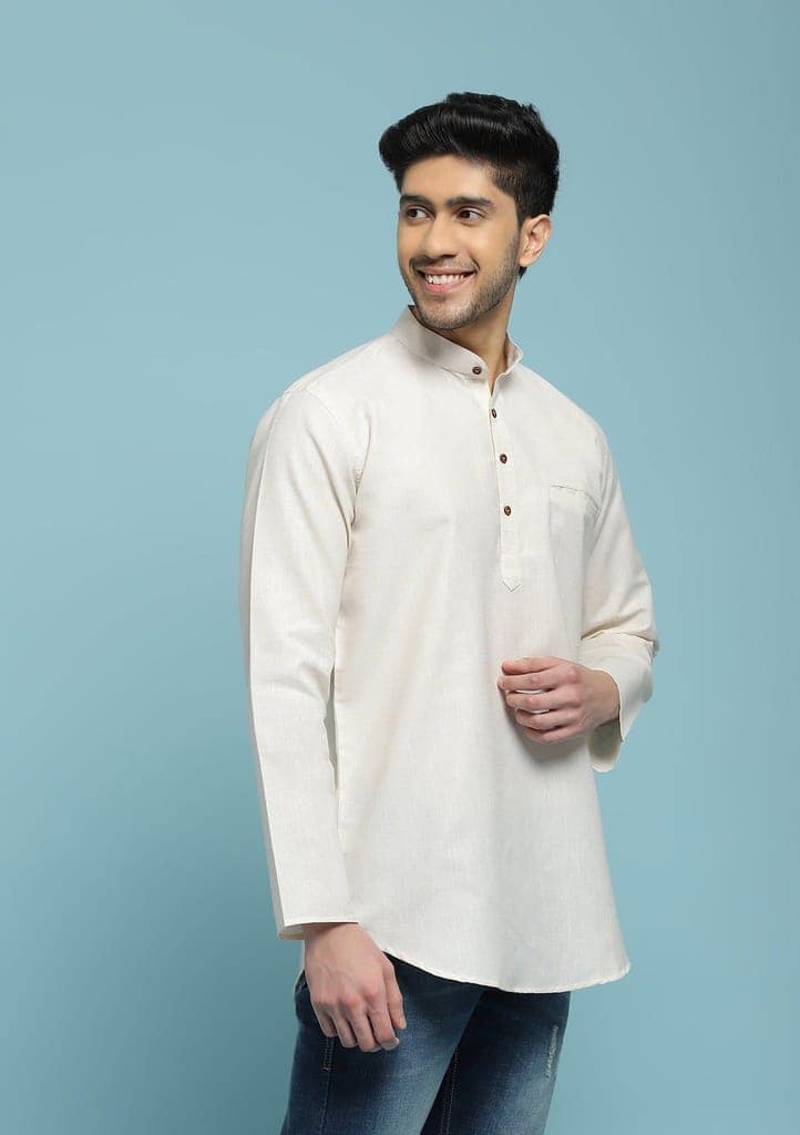 Poly Cotton Solid Men's Short Kurta - Cream view 5