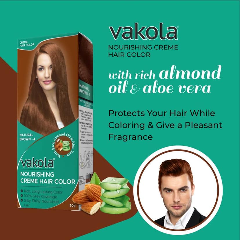Vakola Natural Brown Hair Color Cream – Pack of 1 (100ml) | Permanent, Long-Lasting Grey Coverage with Almond Oil & Aloe Vera view 4