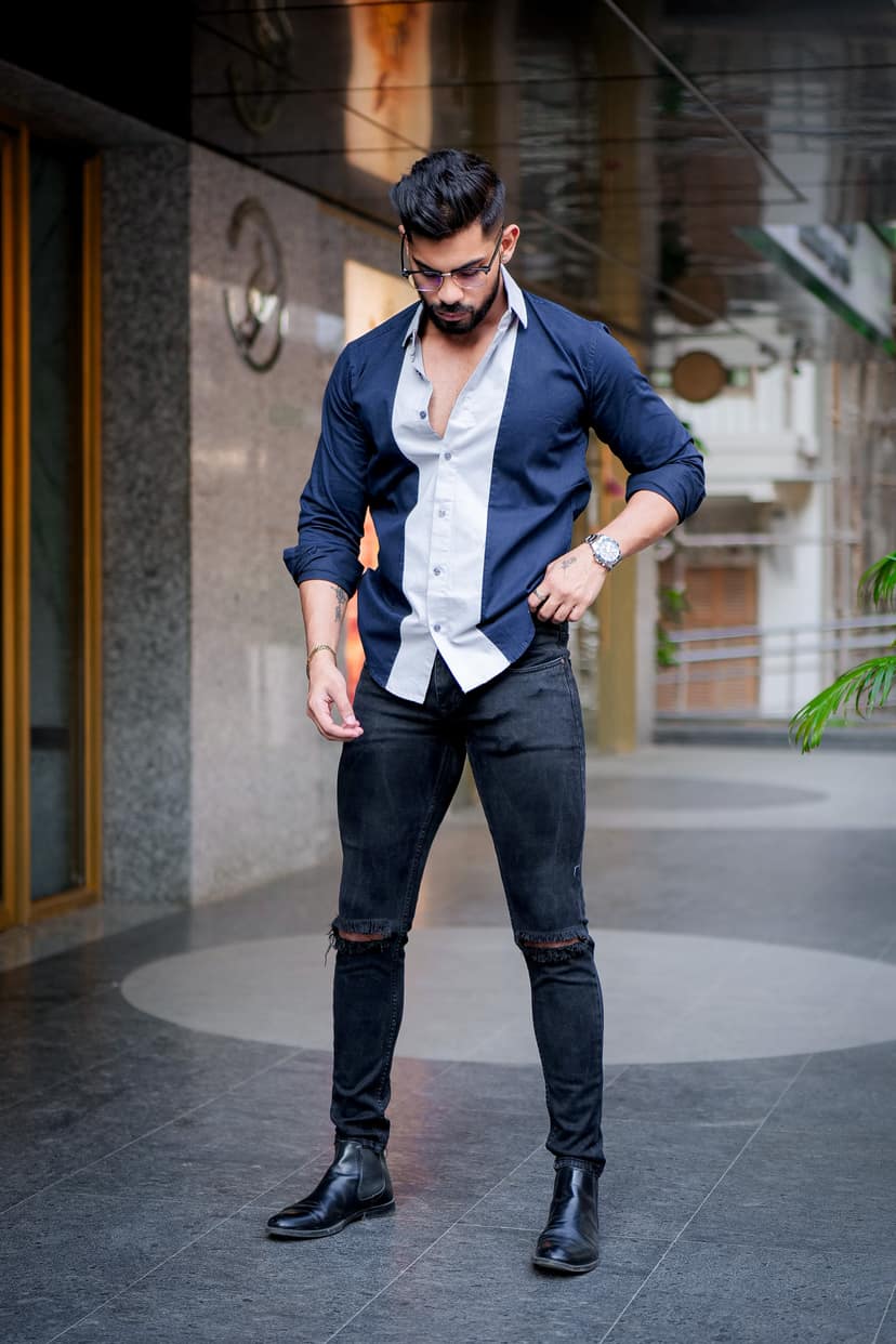 Navy-Light Grey cotton full sleeve Designer shirt view 2