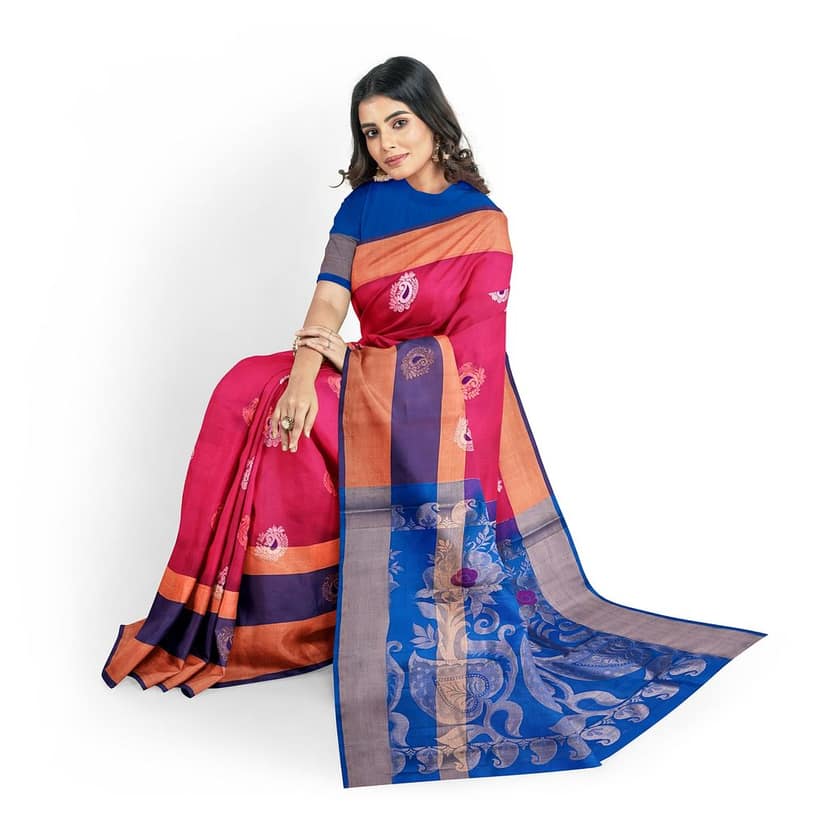 Ruby Red Long Double Color Border Mango Butta Kanjivaram Pure Silk Saree view 2