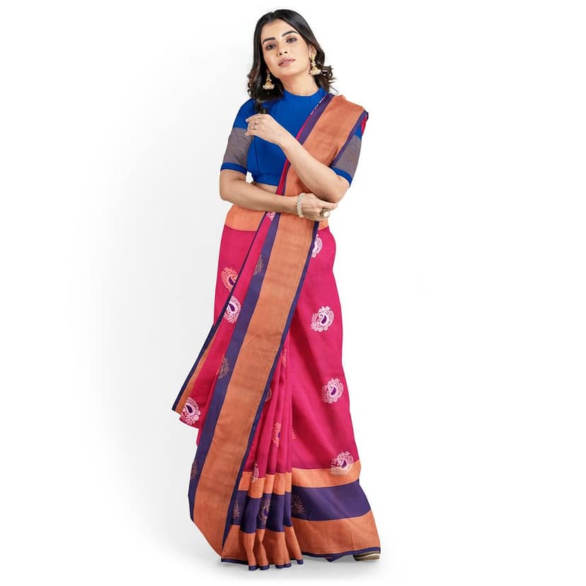 Ruby Red Long Double Color Border Mango Butta Kanjivaram Pure Silk Saree view 3