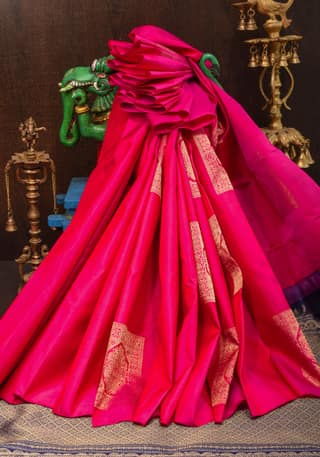 Hot Pink Borderless Kanjivaram Soft Silk Saree with Square Motifs and contrast Pallu| SILK MARK CERTIFIED