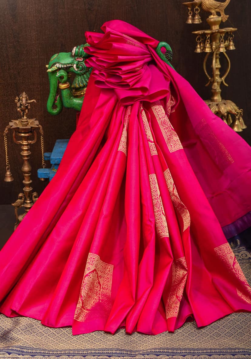 Hot Pink Borderless Kanjivaram Soft Silk Saree with Square Motifs and contrast Pallu| SILK MARK CERTIFIED