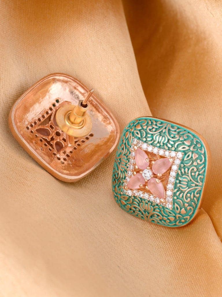 Teal Enamelled Studs Green Meenakari & Pastel Pink AD small earrings view 2