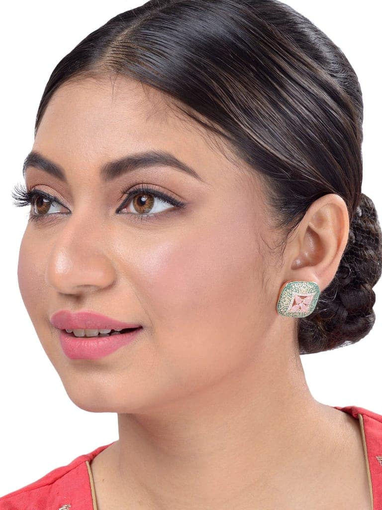 Teal Enamelled Studs Green Meenakari & Pastel Pink AD small earrings view 3