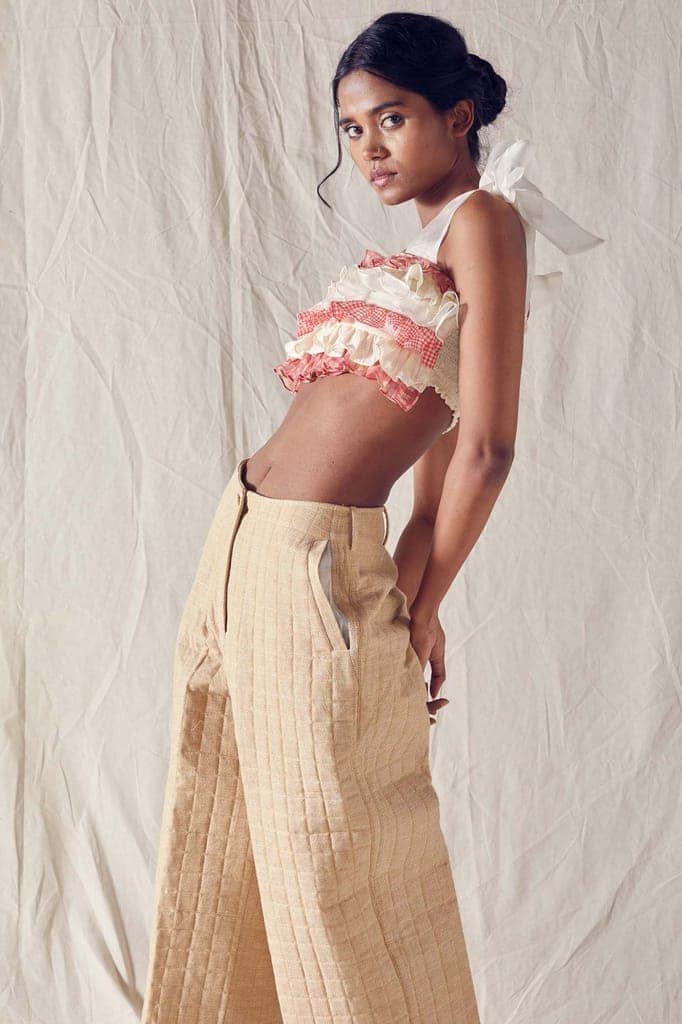 Quilted Beige Wide Leg Pants In Organic Cotton view 4
