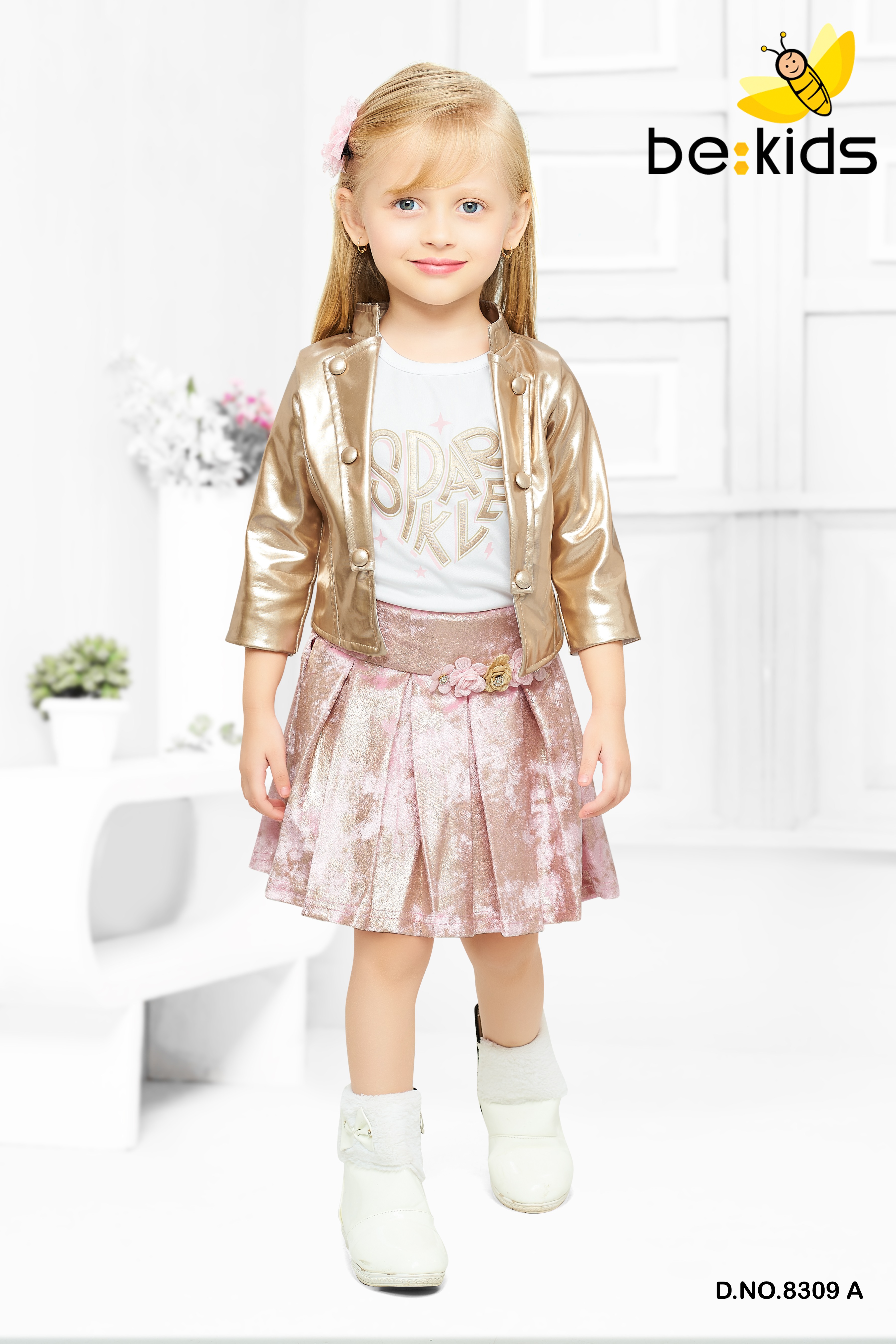 Smart Printed Top With Shining Pink Skirt And Leather Jacket