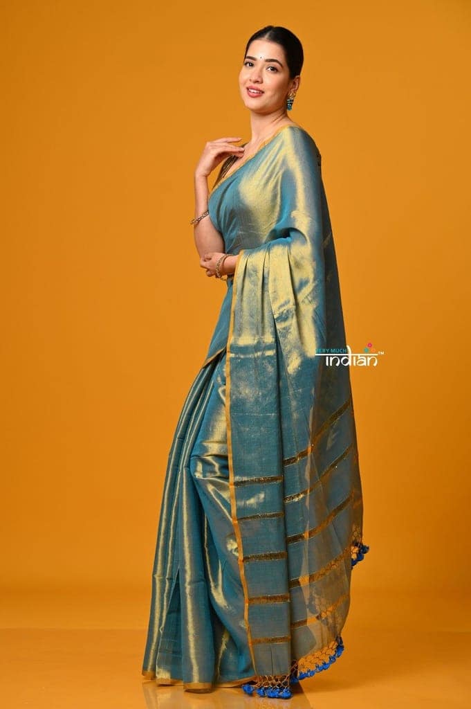 Param Sundari ~ Exclusive Handloom Pure Tissue Cotton Saree in Cyan Blue Gold view 2