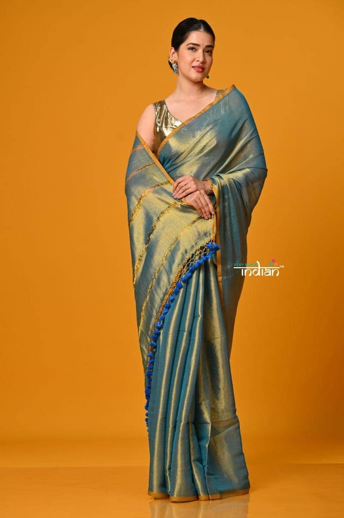 Param Sundari ~ Exclusive Handloom Pure Tissue Cotton Saree in Cyan Blue Gold view 4