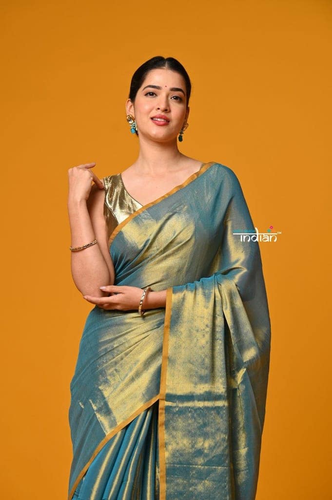 Param Sundari ~ Exclusive Handloom Pure Tissue Cotton Saree in Cyan Blue Gold view 5