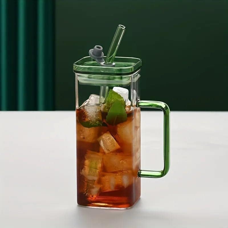 Tumbler with Coloured Handle 400 ML Glass Coffee Mugs Square Glass Mug with Multi-Colour Handle and lid Water Bottle Sipper Cup for Office, Gym, Travelling, Home (Pack of 2)