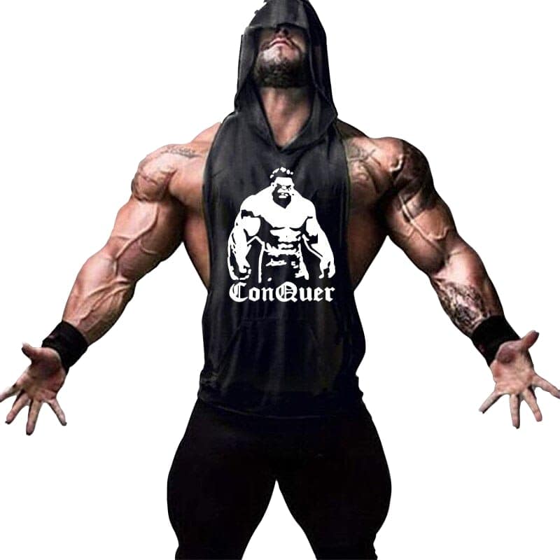 Hot Button Conquer Printed Stringer Gym Vest Hoodie for Men | Y-Back Design view 3