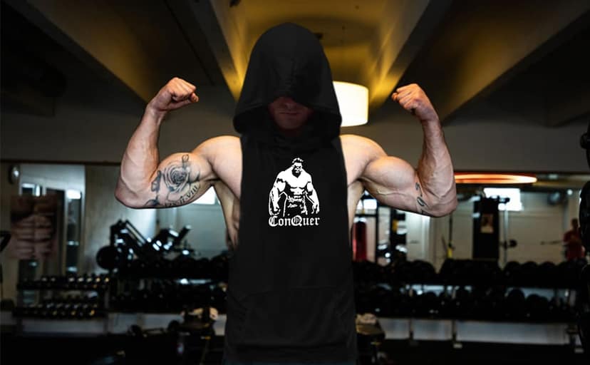 Hot Button Conquer Printed Stringer Gym Vest Hoodie for Men | Y-Back Design view 8