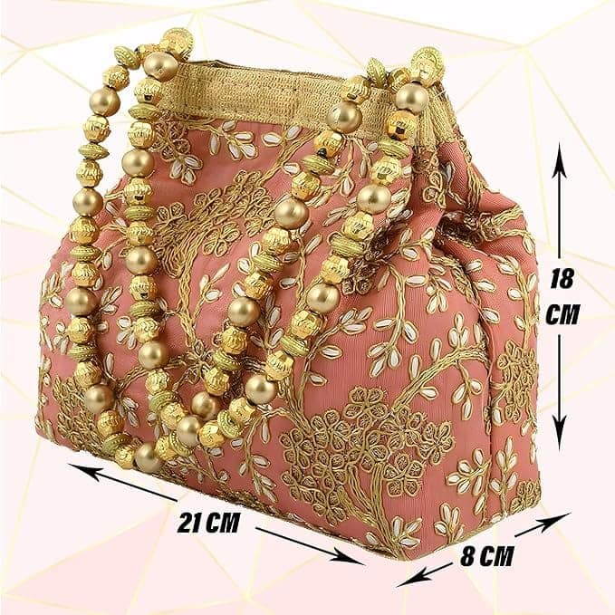 Pink Hand Embroidered Potli Bag with Pearl Beaded Handles view 3