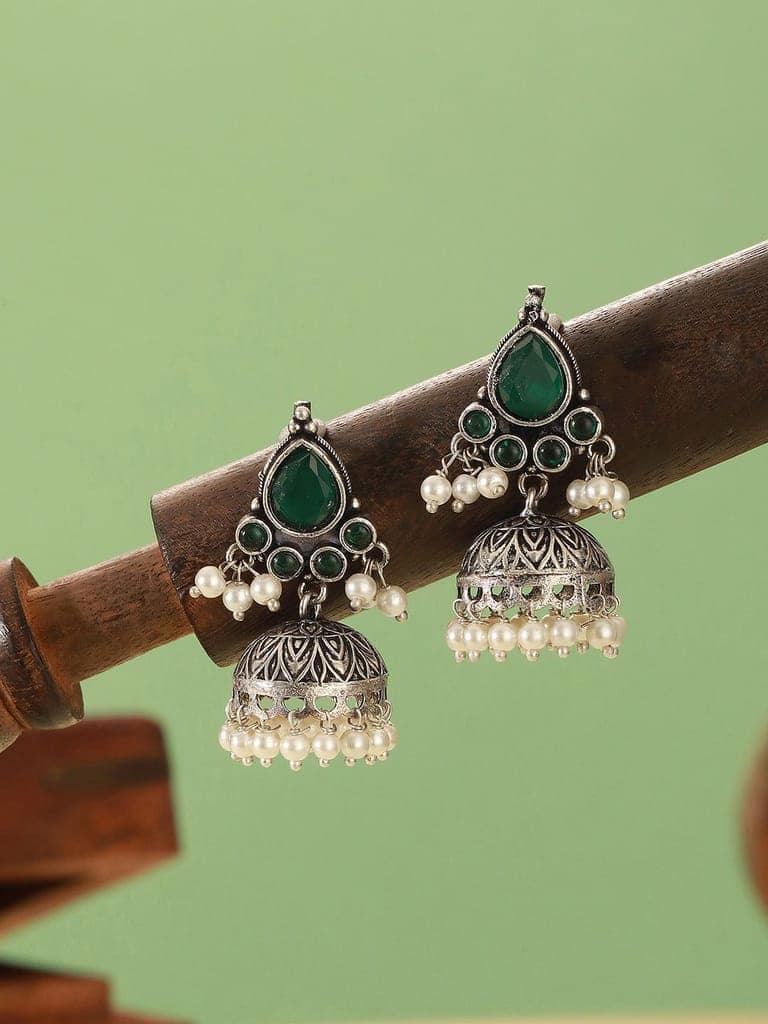 Oxidised Silver Toned Emerald Green AD Zircon & Pearl Beaded Dangler Minimal Jhumka Earrings view 4