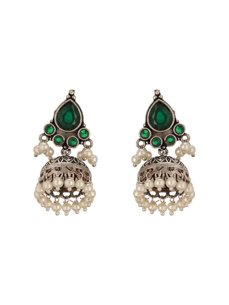 Oxidised Silver Toned Emerald Green AD Zircon & Pearl Beaded Dangler Minimal Jhumka Earrings view 6