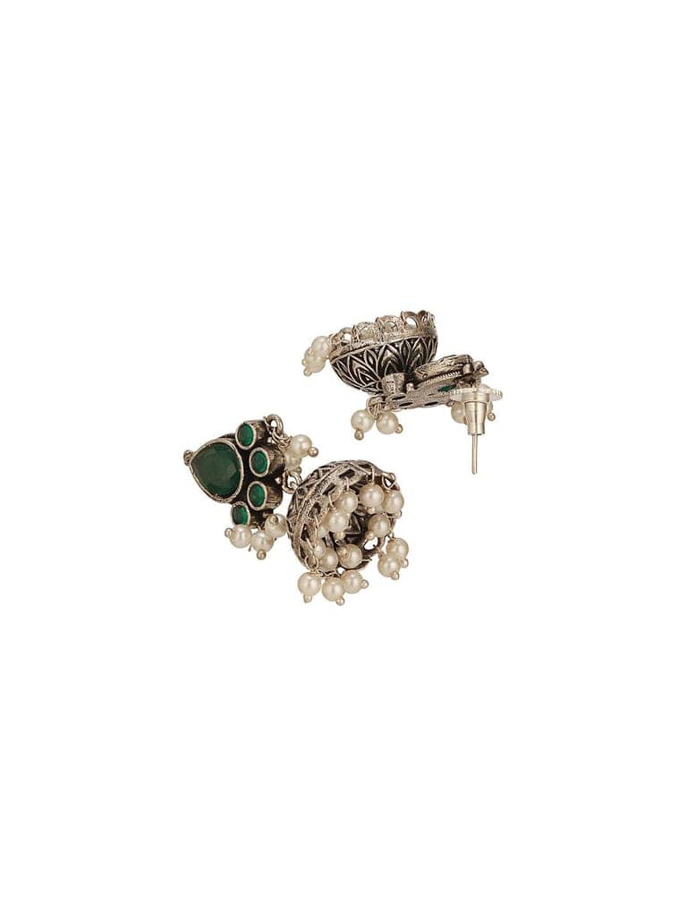 Oxidised Silver Toned Emerald Green AD Zircon & Pearl Beaded Dangler Minimal Jhumka Earrings view 7