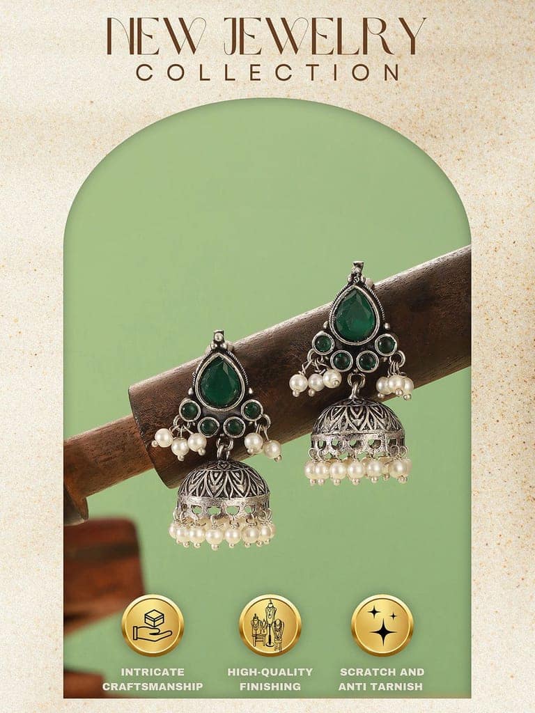 Oxidised Silver Toned Emerald Green AD Zircon & Pearl Beaded Dangler Minimal Jhumka Earrings view 8
