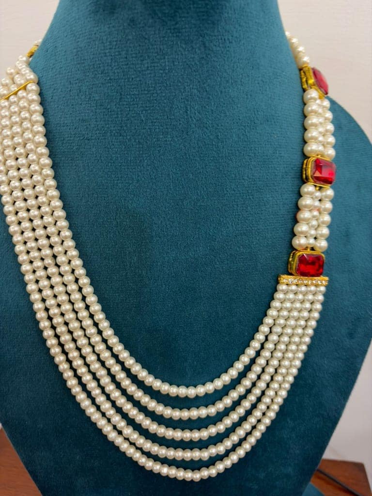 groom and party wear red gold and white pearl mala with side stones view 3