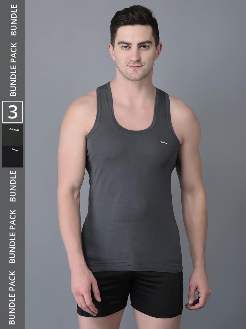 Men's Assorted Pack of 3 Solid Combed Cotton Shrinkless Vest