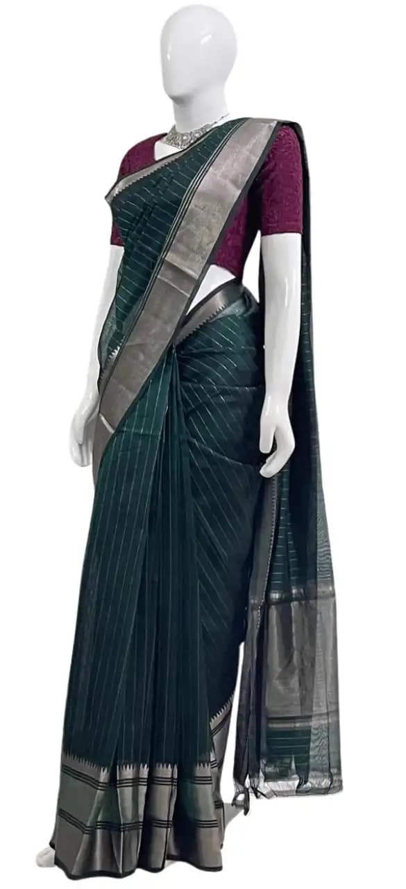 Mangalgiri Bottle Green Silk Cotton Saree Zari Stripes view 2