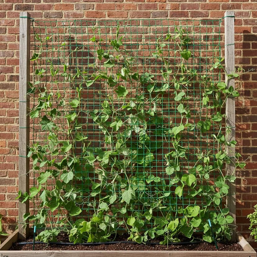 Vertical Garden Trellis with Growing Pea Plants - Raised Bed Support