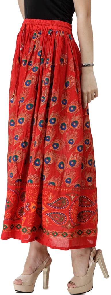 Flame-Scarlet Long Skirt with Printed Peacock Feathers view 3