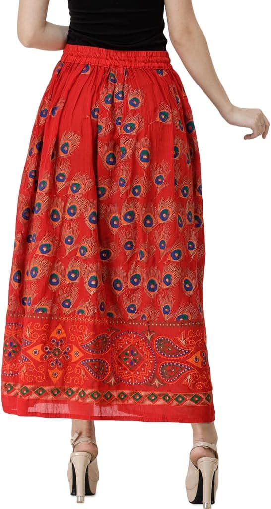 Flame-Scarlet Long Skirt with Printed Peacock Feathers view 4