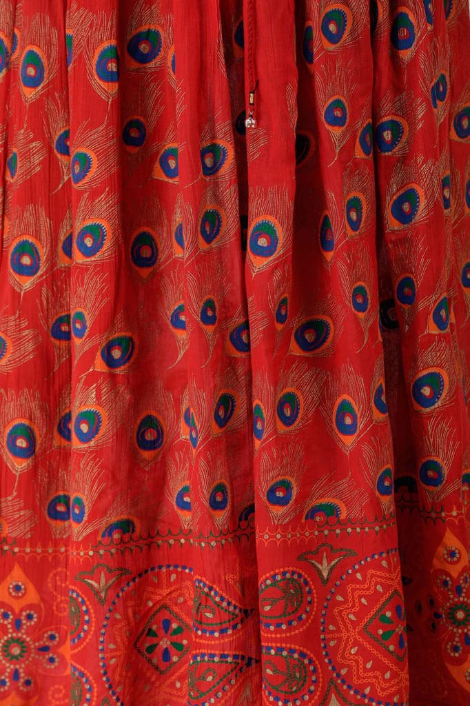 Flame-Scarlet Long Skirt with Printed Peacock Feathers view 5