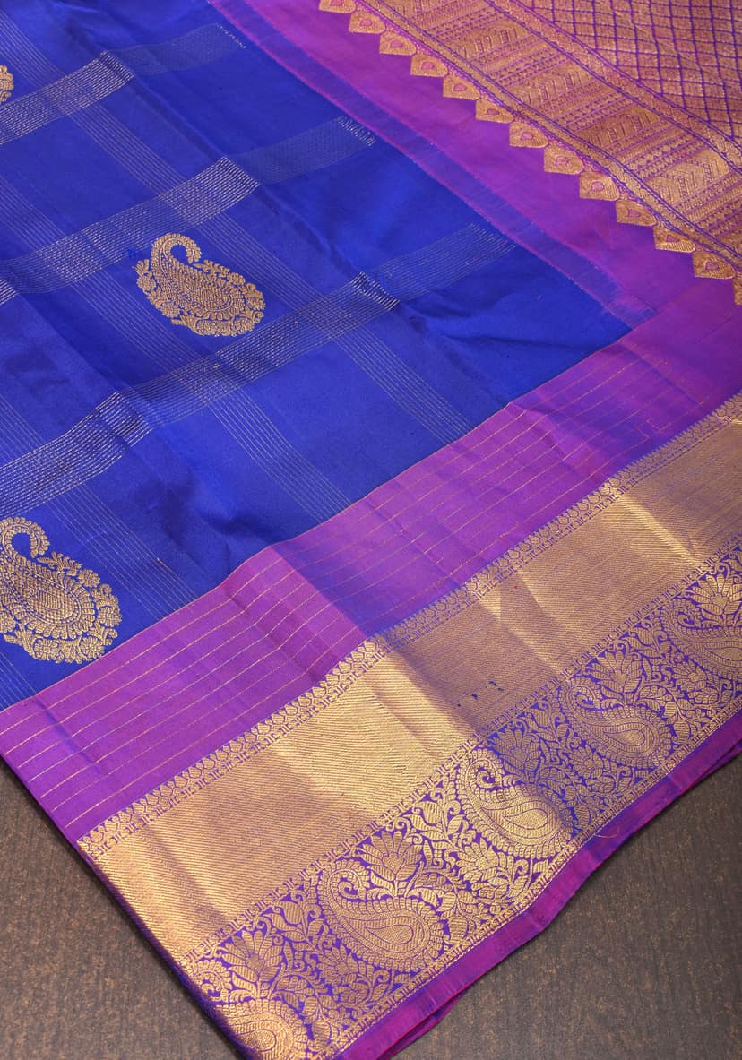 Blue Kanjivaram Silk Saree with Zari Checks with Paisley Motifs with 13" Stacked Borders | SILK MARK CERTIFIED view 2