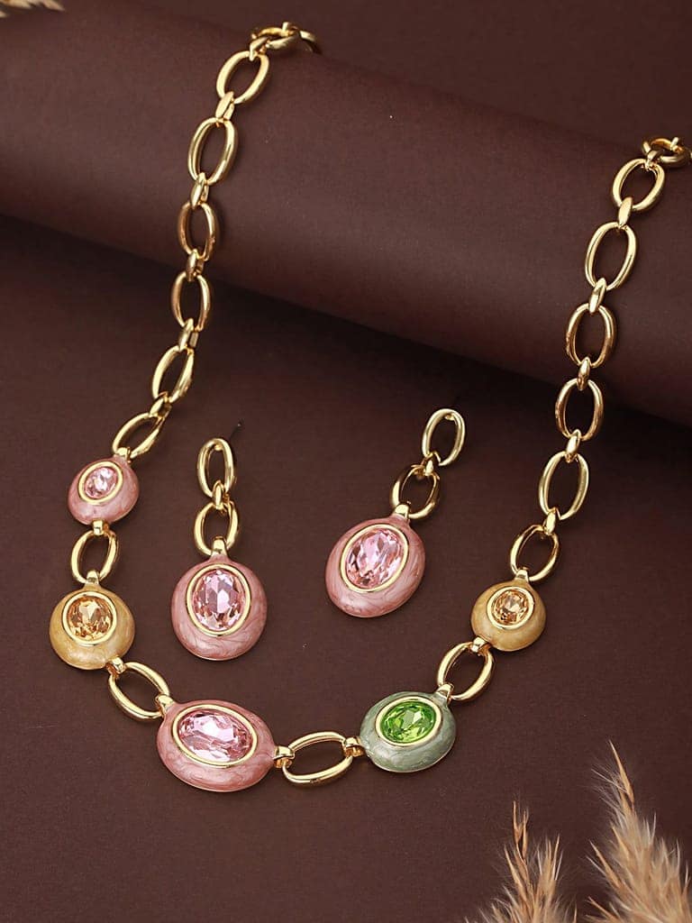 Anti-Tarnish Gold Plated Crystal Studded Link Chain Necklace jewellery Set view 2
