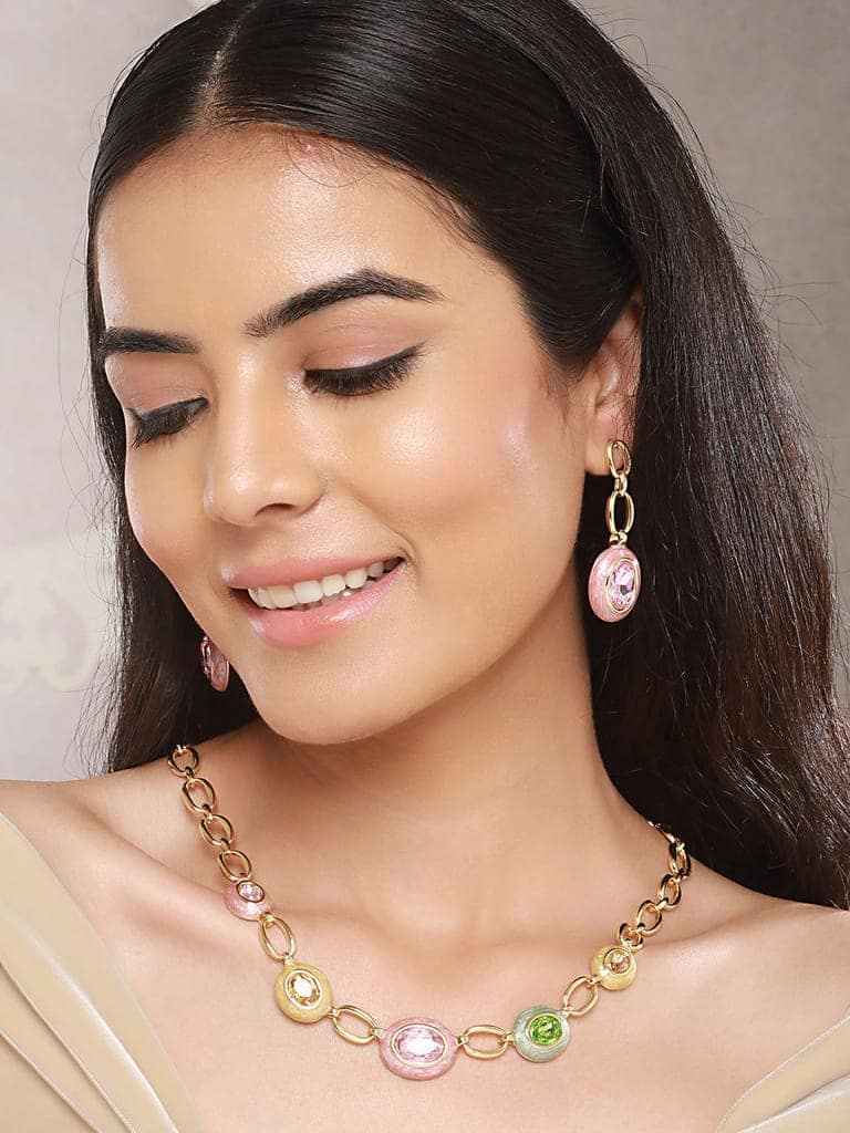 Anti-Tarnish Gold Plated Crystal Studded Link Chain Necklace jewellery Set view 3