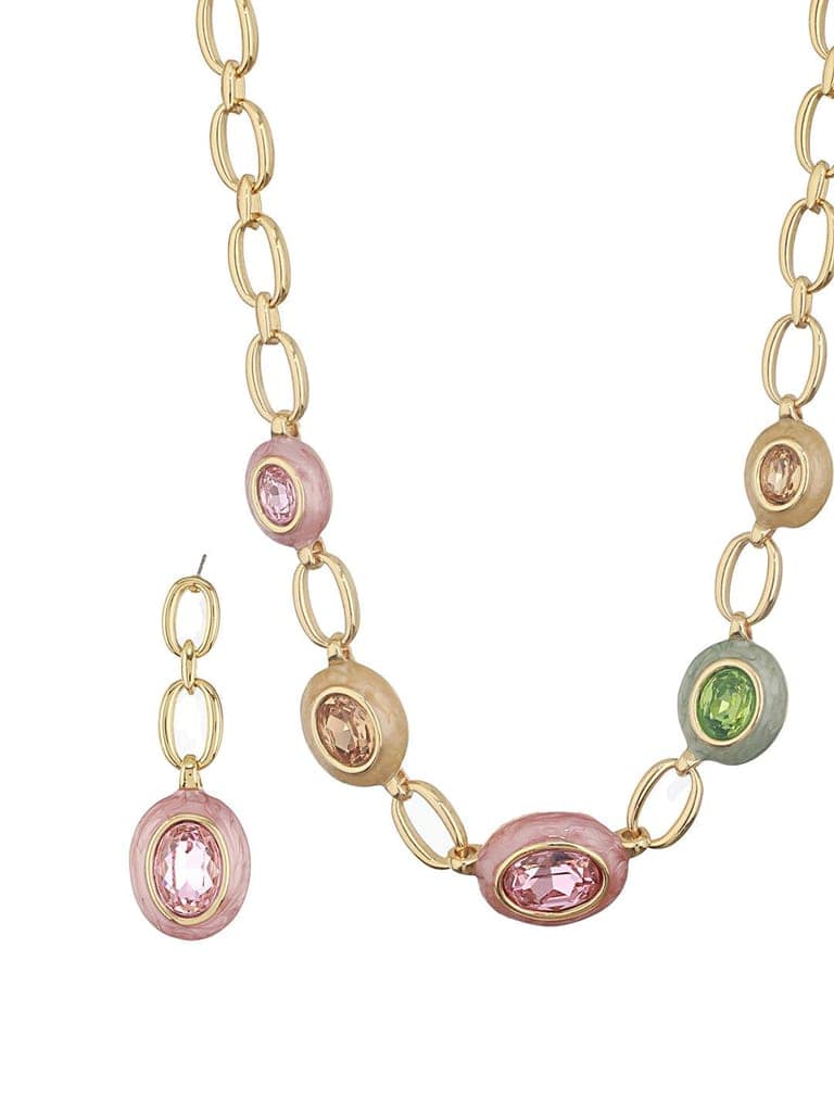 Anti-Tarnish Gold Plated Crystal Studded Link Chain Necklace jewellery Set view 4