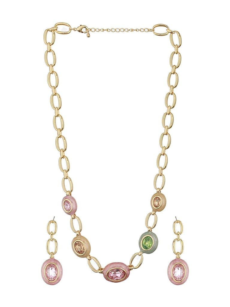 Anti-Tarnish Gold Plated Crystal Studded Link Chain Necklace jewellery Set view 5
