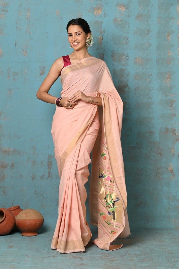 Tyohaar ~ Handloom Pure Cotton Paithani With Lotus Pallu ~ Peach view 2