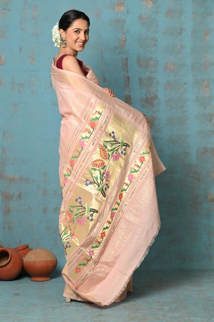 Tyohaar ~ Handloom Pure Cotton Paithani With Lotus Pallu ~ Peach view 3