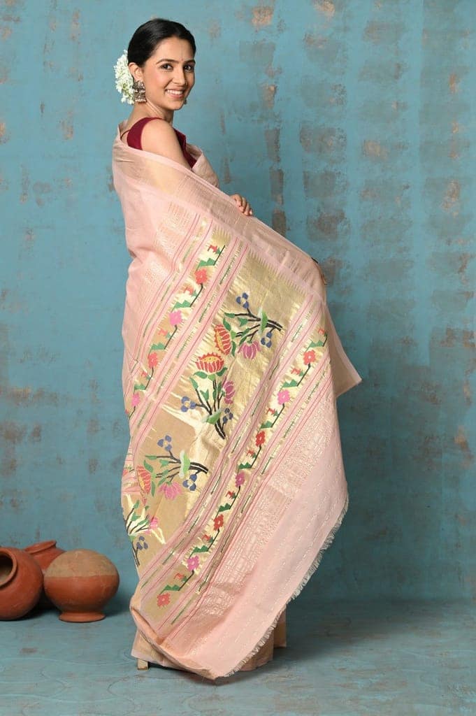 Tyohaar ~ Handloom Pure Cotton Paithani With Lotus Pallu ~ Peach view 4