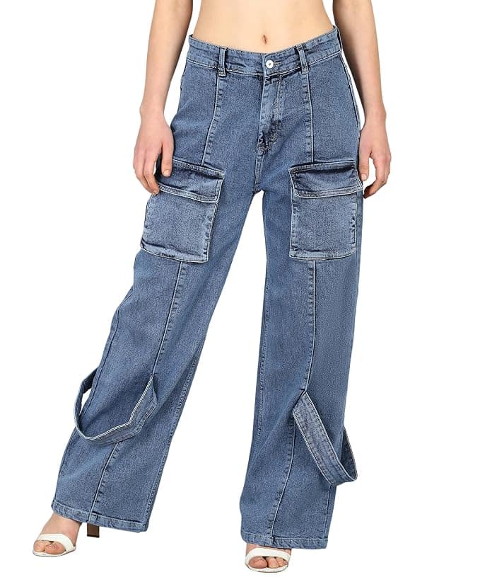 Glossia Fashion Women Cargo Jeans | High Rise Stretchable Baggy Wide LegDenim| Boyfriend Jeans for Women - Light Blue, 36