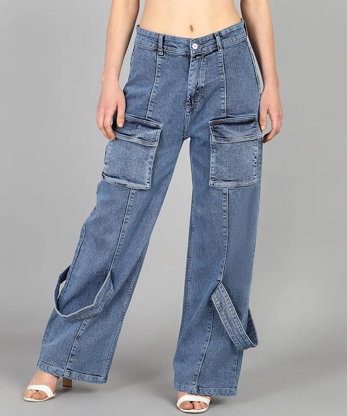 Glossia Fashion Women Cargo Jeans | High Rise Stretchable Baggy Wide LegDenim| Boyfriend Jeans for Women - Light Blue, 36 view 2