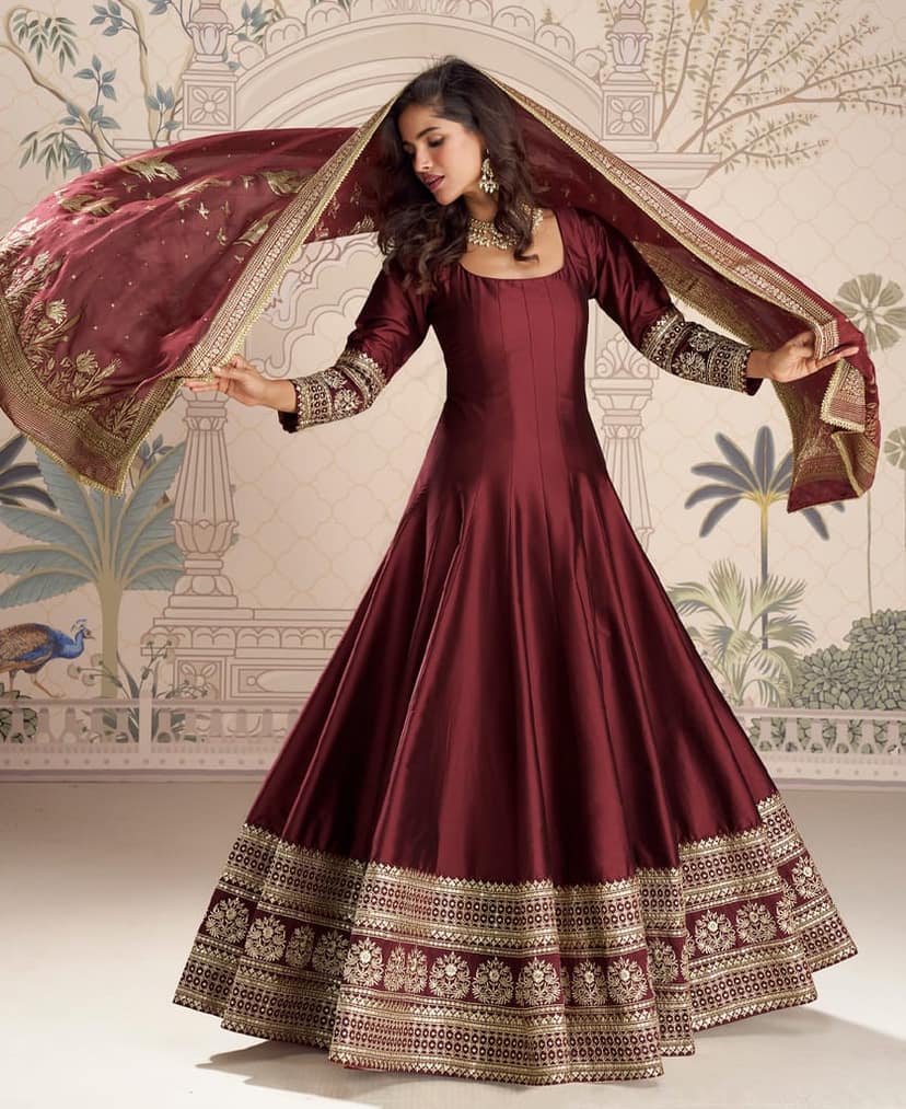 new indian heavy wedding wear maroon silk anarkali suit for women