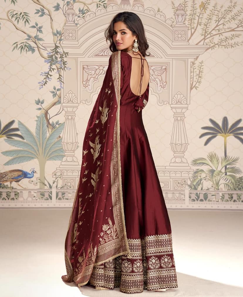 new indian heavy wedding wear maroon silk anarkali suit for women view 2