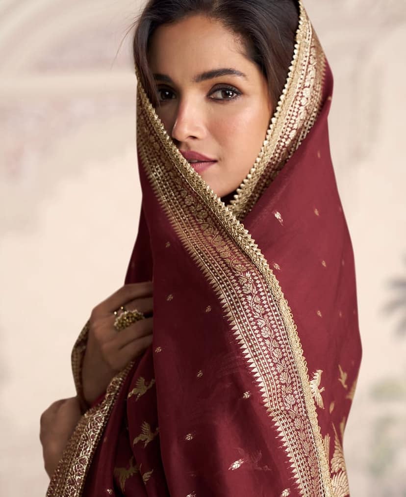 new indian heavy wedding wear maroon silk anarkali suit for women view 3